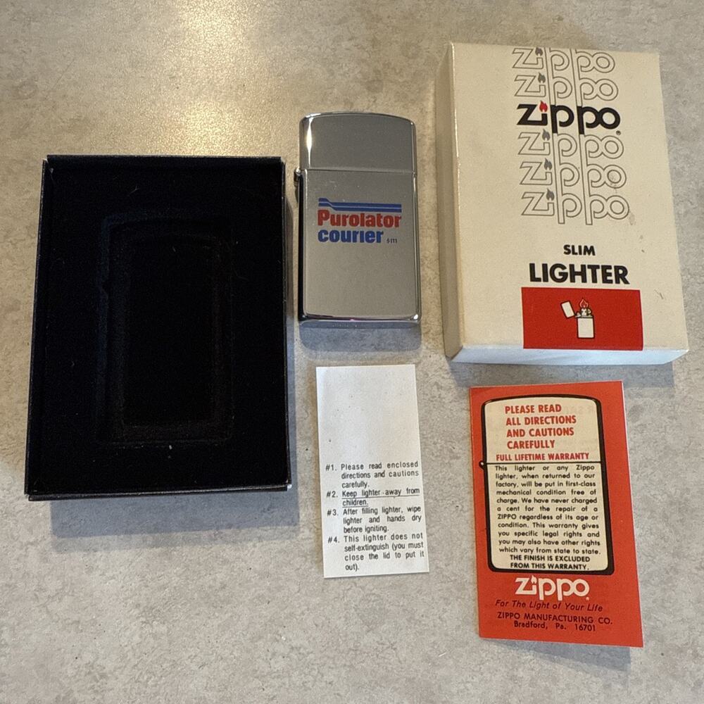 Vtg Purolator Courier High Polish Chrome Slim Zippo Lighter W/Box & Manual NEW